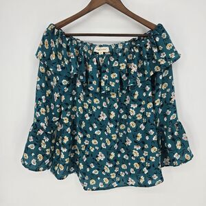 Coverstitched Floral Off Shoulder Bell Sleeve Peasant Blouse Small